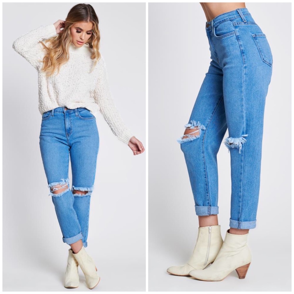 High Rise Busted Ripped Knee Mom Boyfriend Jeans - Picture 1 of 4
